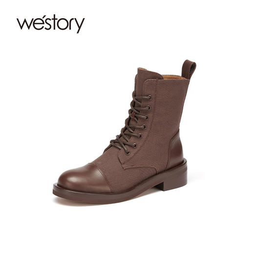 westory2020冬季新款圆头系带真皮软皮中筒马丁靴女S20DS80201 商品图0