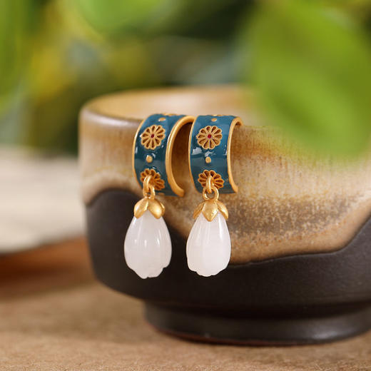 925银滴油耳钉仿和田玉古风创意高档个性玉兰花女款耳钉耳坠 商品图4