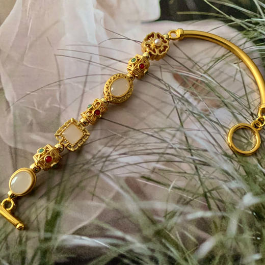 新款【不掉色】越南传承沙金老金弯管和田玉烧蓝配饰手链手串 商品图2