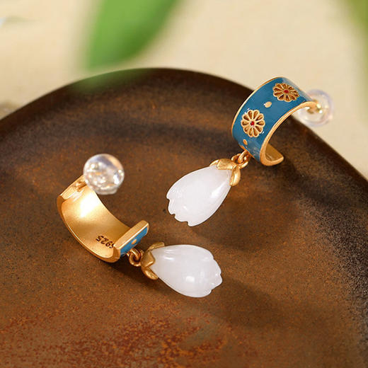 925银滴油耳钉仿和田玉古风创意高档个性玉兰花女款耳钉耳坠 商品图7