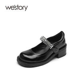westory2021秋季新品气质钻链圆头粗跟玛丽珍女单鞋S21CE34571
