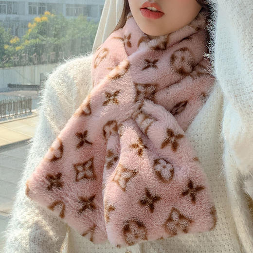 围巾女秋冬季韩版百搭可爱少女毛绒交叉保暖围脖护颈加绒加厚 商品图4
