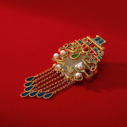 天然和田玉南天门胸针镶S925纯银复古流苏胸花奢华冷珐琅胸针饰品 商品图5