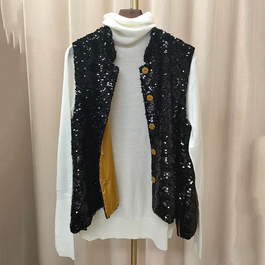 丁摩 时髦复古改良新中式亮片马甲上衣女撞色盘扣唐装背心Q121199 商品图2