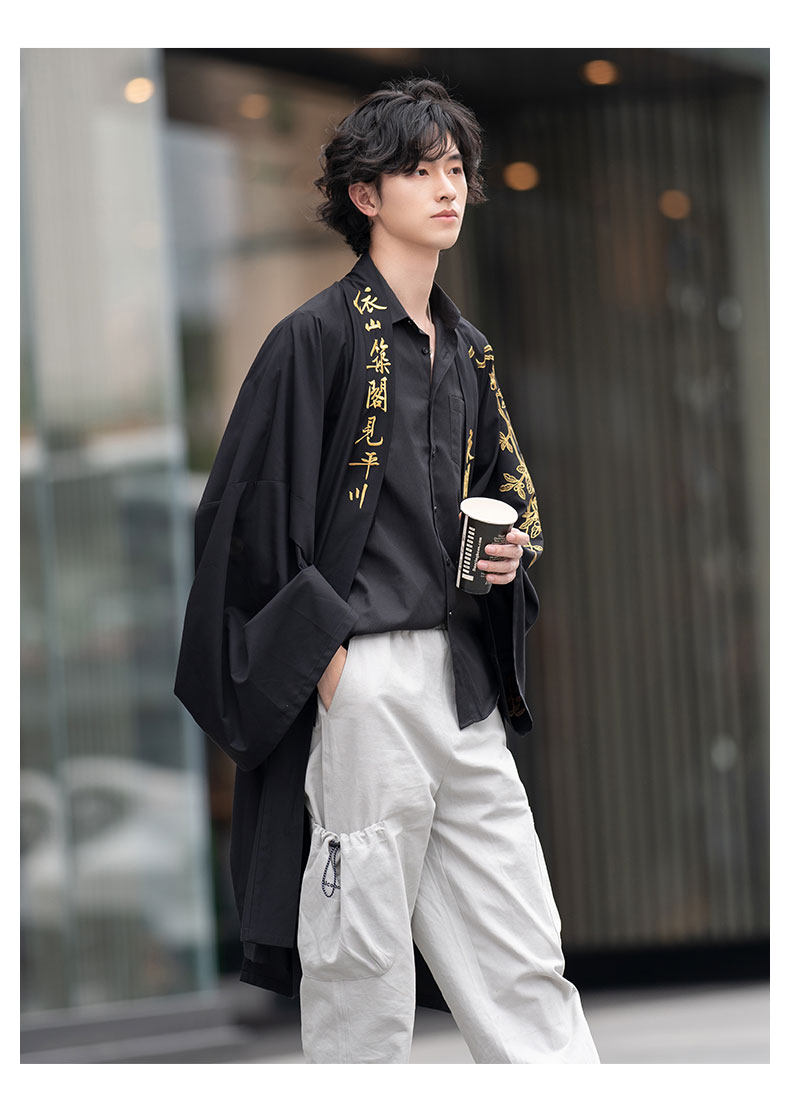 依山筑男款汉元素直领对襟长衫