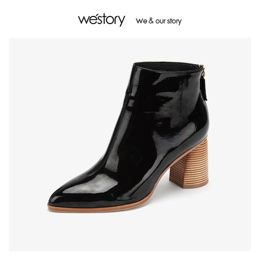 westory漆皮时装真皮短靴女粗高跟尖头 2019年冬季新款W29DS80461 商品图0