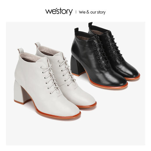 westory商场同款冬季加绒短靴粗跟女鞋皮面高跟靴子W284S81162 商品图0