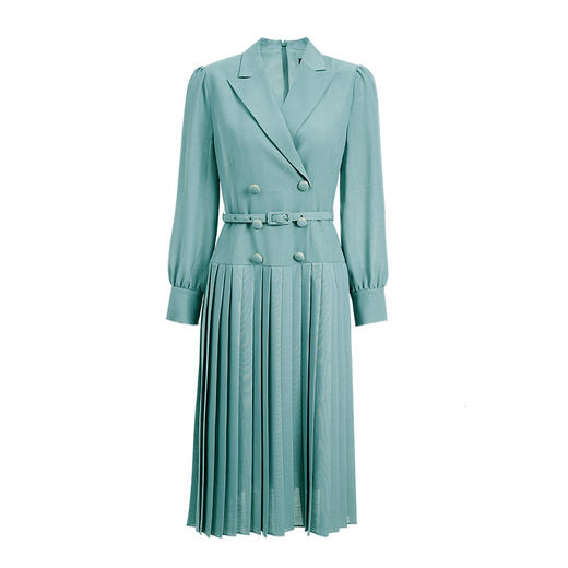 EITIE爱特爱春夏季女装V领简约长袖中裙修身褶皱连衣裙6507254 商品图5