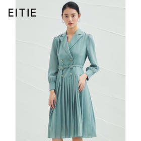 EITIE爱特爱春夏季女装V领简约长袖中裙修身褶皱连衣裙6507254
