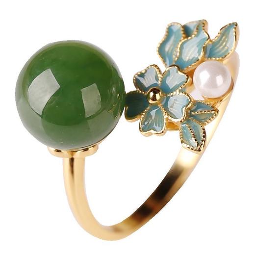 天然玉女款金镶玉碧玉珍珠珐琅彩圆珠活口戒指礼物 商品图4