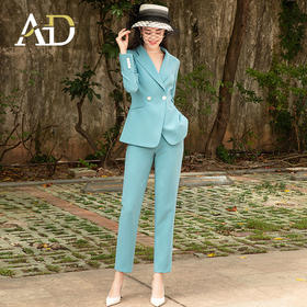 AD高级感蓝绿色职业西服套装女士秋冬西装播音艺考主持人面试正装