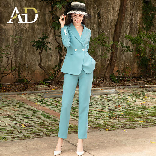 AD高级感蓝绿色职业西服套装女士秋冬西装播音艺考主持人面试正装 商品图0