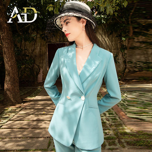 AD高级感蓝绿色职业西服套装女士秋冬西装播音艺考主持人面试正装 商品图2