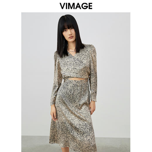 VIMAGE/纬漫纪春季新款100%桑蚕丝修身显瘦设计出众V领印花连衣裙V1707306 商品图0