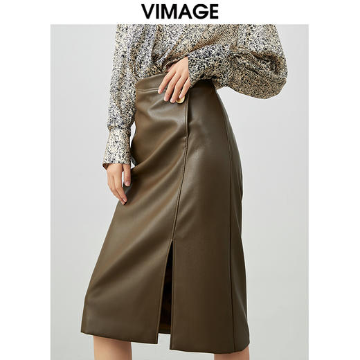 VIMAGE/纬漫纪春季新款气质包臀显瘦开叉时尚百搭半身裙皮裙V1706301 商品图2