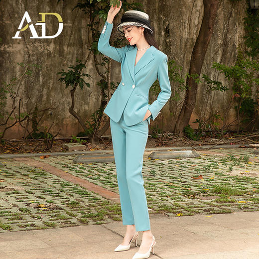 AD高级感蓝绿色职业西服套装女士秋冬西装播音艺考主持人面试正装 商品图3