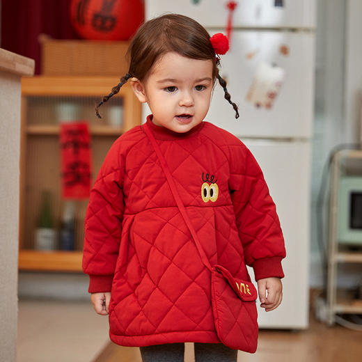 【新年连衣裙搭配时尚小包包】女宝宝连衣裙冬季新款童装新年冬装加厚夹棉女童连衣裙子保暖 商品图0