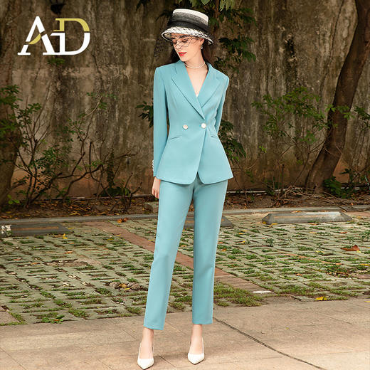 AD高级感蓝绿色职业西服套装女士秋冬西装播音艺考主持人面试正装 商品图1