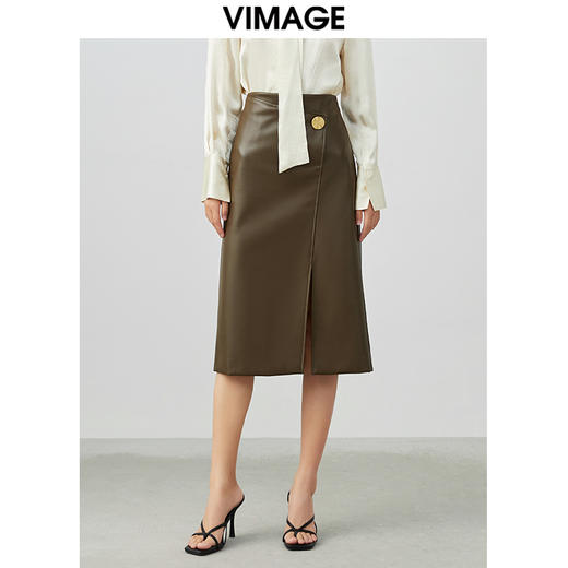 VIMAGE/纬漫纪春季新款气质包臀显瘦开叉时尚百搭半身裙皮裙V1706301 商品图0