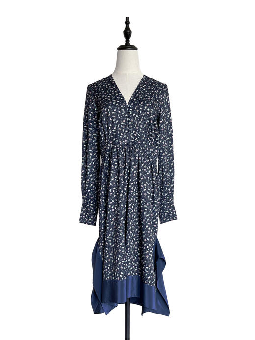 TYNVIE 拼接裙摆V领复古款长袖连衣裙-蓝碎花 商品图1