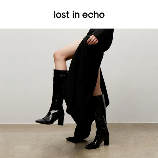 lost in echo 原创设计师窄筒拉链方圆头膝下靴 商品图3