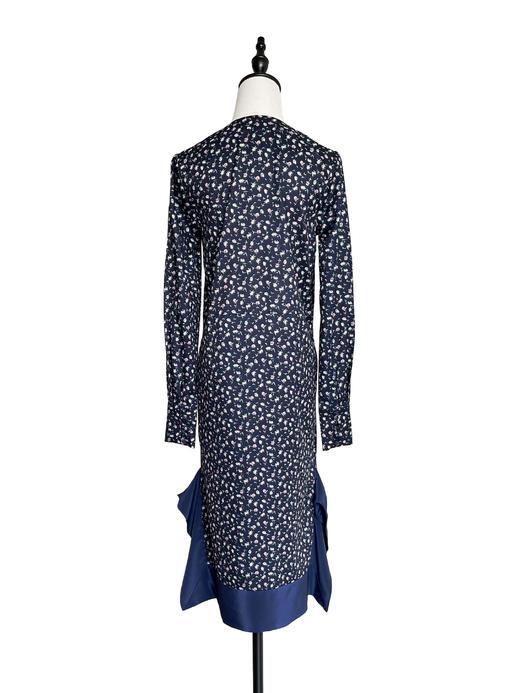 TYNVIE 拼接裙摆V领复古款长袖连衣裙-蓝碎花 商品图4