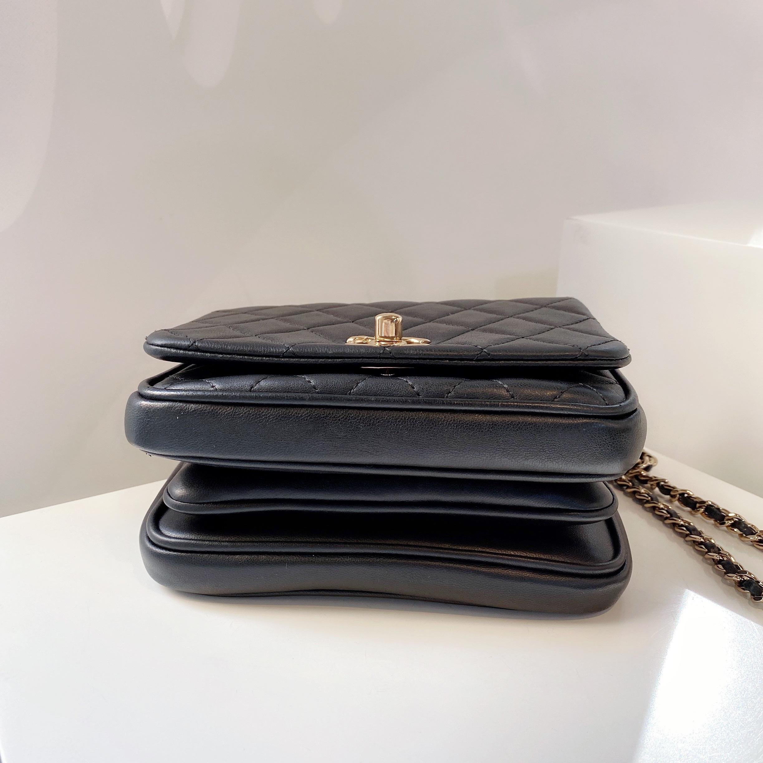 chanel 方胖子 黑金 羊皮 邮差包
