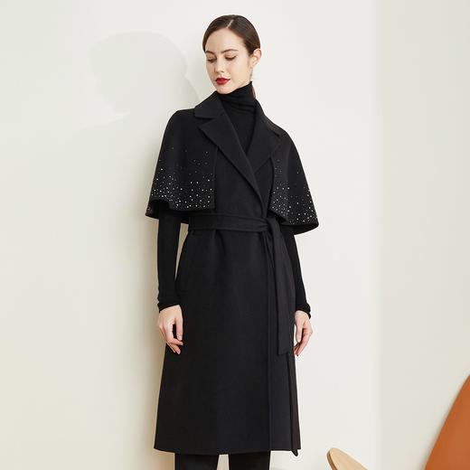 LD906斯尔丽[专柜同款]瑟俪2021秋冬新时尚优雅烫钻披肩式腰带中长大衣 商品图1