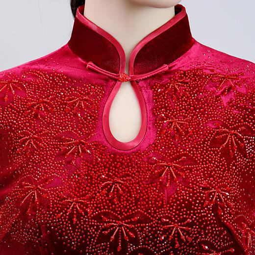 上海旗袍厂BJ-292秋冬新款韩国绒长款改良旗袍 复古优雅名媛版立领旗袍连衣裙 商品图3