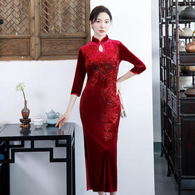 上海旗袍厂BJ-292秋冬新款韩国绒长款改良旗袍 复古优雅名媛版立领旗袍连衣裙