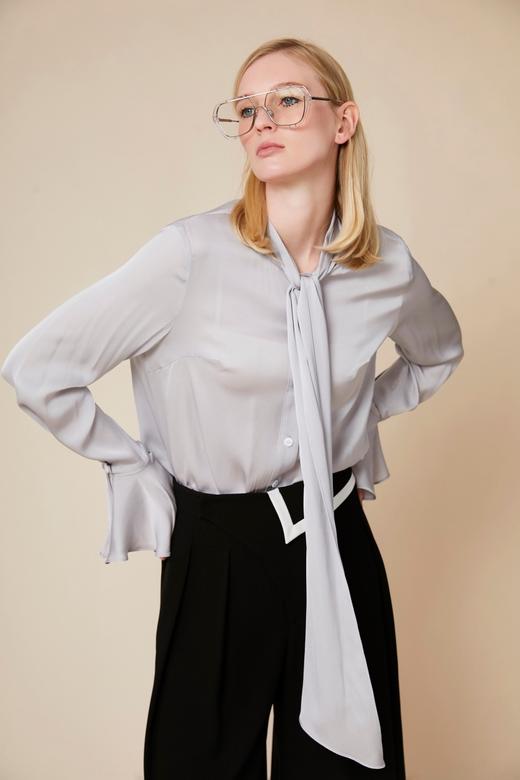 银灰色可拆式荷叶边袖口真丝衬衣 商品图2
