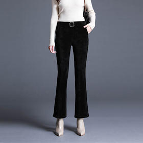 TZW-雪尼尔微喇叭裤女高腰休闲女裤子黑色女士长裤女大码