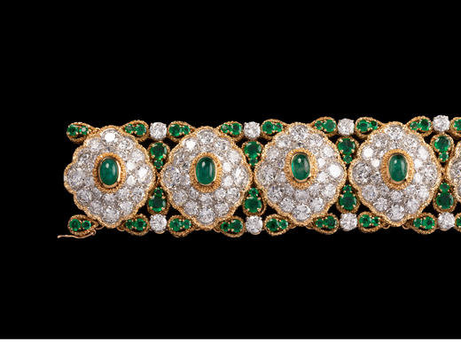 独角鹿西洋古董首饰珠宝法国18K黄金铂金镶钻石祖母绿宽手链手镯 商品图4