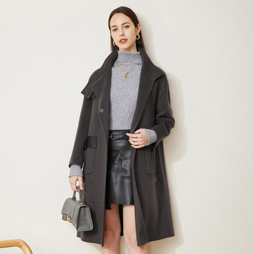 LH9U3斯尔丽瑟俪2021秋冬新款干练帅气立领大口袋暗扣精致羊毛大衣女 商品图0