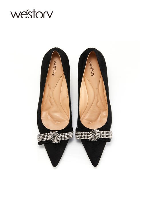 westory绒面真皮细跟高跟鞋女高级质感浅口钻饰蝴蝶结优雅单鞋S22AE53831 商品图2