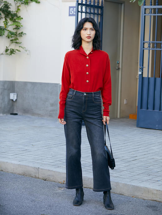 HeyDress复古加绒弹力牛仔裤女宽松九分直筒裤高腰显瘦长裤子 商品图4