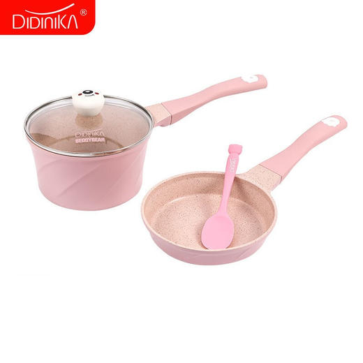 Didinika 迪迪尼卡乖乖熊宝宝辅食锅婴儿奶锅18cm小锅平底汤锅麦饭石不粘锅煮泡面热牛奶锅（奶锅+煎锅+硅胶勺子） 商品图1