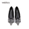 westory新款单鞋黑白棋盘格浅口女鞋蝴蝶结平底鞋小众尖头ins潮W22AE81701 商品缩略图2