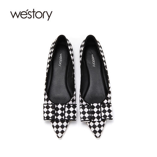 westory新款单鞋黑白棋盘格浅口女鞋蝴蝶结平底鞋小众尖头ins潮W22AE81701 商品图2