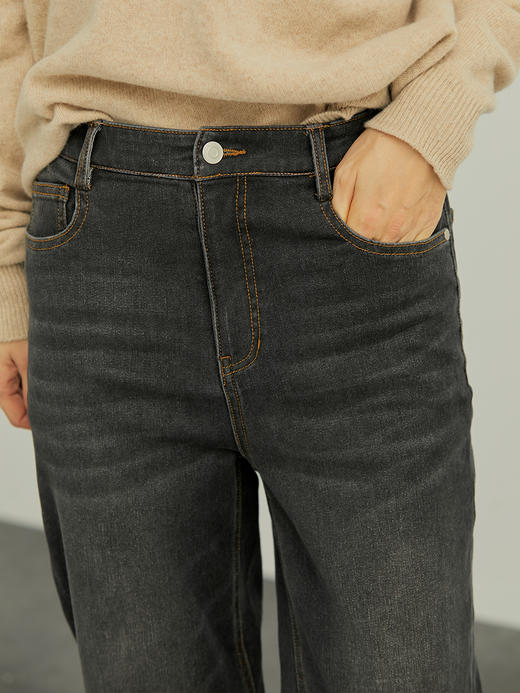 HeyDress复古加绒弹力牛仔裤女宽松九分直筒裤高腰显瘦长裤子 商品图3