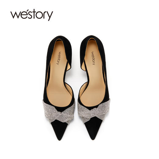 westory新款仙女风高跟鞋蝴蝶结亮钻细跟尖头浅口女单鞋时尚宴会W22AH53761 商品图2