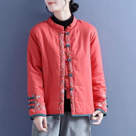 冬新款中国风棉麻绣花棉服女复古盘扣立领对襟棉衣中式厚外套棉服 商品图2