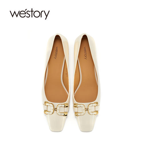 westory新品漆皮高跟鞋小方头金属扣单鞋细跟浅口通勤职场女鞋S22AE54291 商品图2