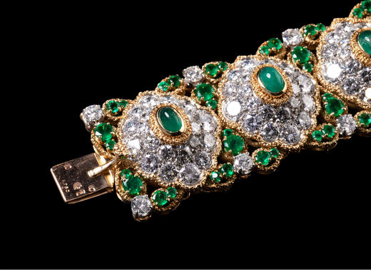 独角鹿西洋古董首饰珠宝法国18K黄金铂金镶钻石祖母绿宽手链手镯 商品图8