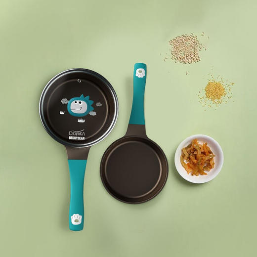 Didinika 动物乐园系列宝宝辅食锅婴儿奶锅18cm小锅平底汤锅陶瓷涂层不粘锅煮（奶锅+煎锅+硅胶勺子+玻璃盖子） 商品图3