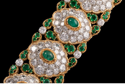 独角鹿西洋古董首饰珠宝法国18K黄金铂金镶钻石祖母绿宽手链手镯 商品图9