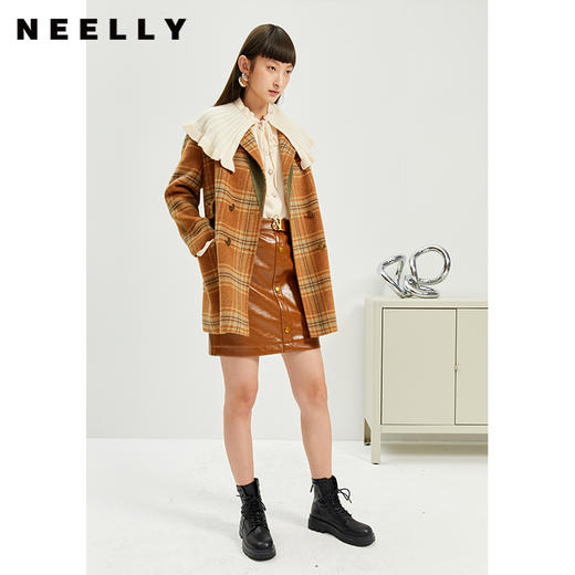 NEELLY纳俪商场同款秋冬格纹双排扣大衣女羊毛外套保暖英伦风通勤 商品图3