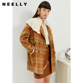 NEELLY纳俪商场同款秋冬格纹双排扣大衣女羊毛外套保暖英伦风通勤