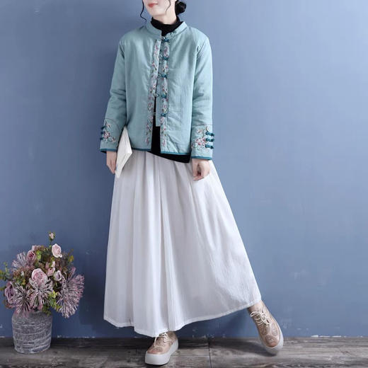 冬新款中国风棉麻绣花棉服女复古盘扣立领对襟棉衣中式厚外套棉服 商品图3