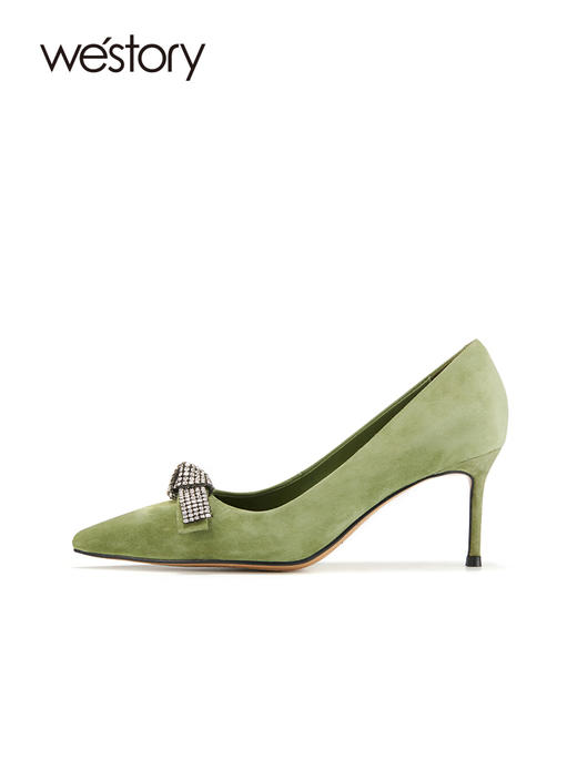 westory绒面真皮细跟高跟鞋女高级质感浅口钻饰蝴蝶结优雅单鞋S22AE53831 商品图1